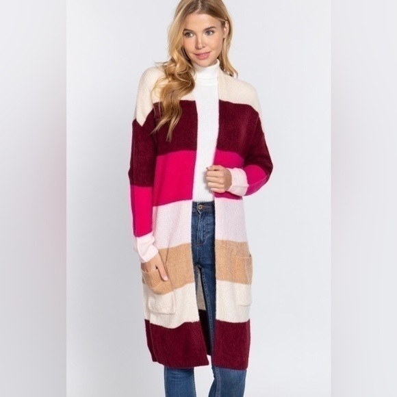 Women’s Pink Color block Long Cardigan Sweater S, M, L - Picture 2 of 4